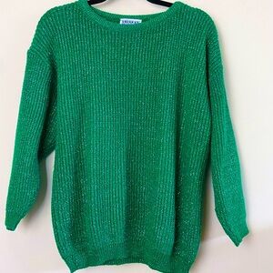 Vintage 1980s Green & Silver Crewneck Pullover Holiday Sweater | Med
